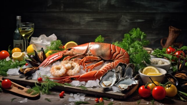  a seafood platter with lobsters, clams, lemons, tomatoes, parsley, parsley and a glass of wine.