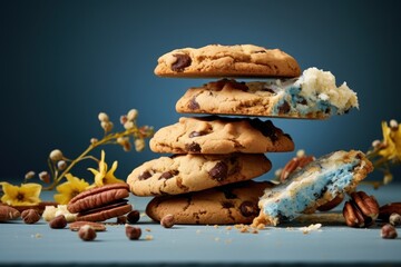  a stack of chocolate chip cookies with a bite taken out of one of the cookies and the rest of the cookies.