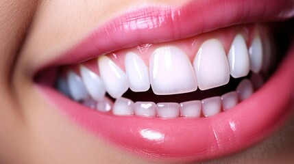  a close up of a woman's teeth with white teeth and pink gums on top of the teeth.