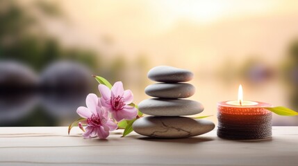  a candle sitting on top of a wooden table next to a pile of rocks and a pink flower on top of it.
