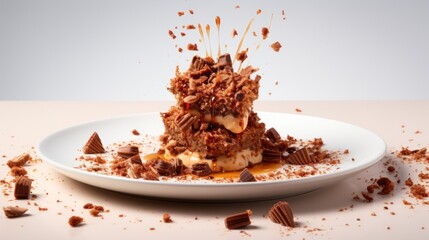  a white plate topped with a piece of cake covered in chocolate and chopped up pieces of cake on top of it.