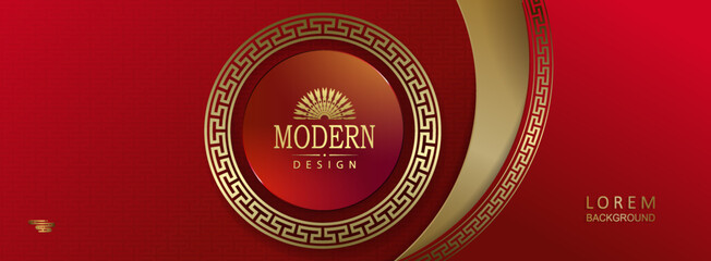 Chinese New Year, texture red illustration with round frame with gold ornament.