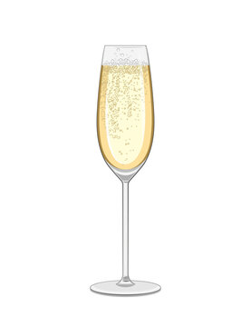 A glass of golden sparkling champagne. Flat design.