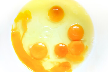 Cooking at home. Top view of some egg yolks and whites in ceramic bowl.