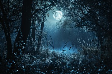 A moonlit grove with neon silver veins in the trees and underbrush, - obrazy, fototapety, plakaty