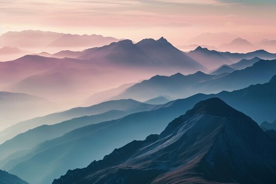 A misty mountain range at sunrise with neon dawn pink veins in the mist and peaks,