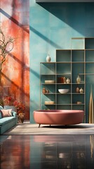 Blue and orange room with pink sofa and shelf