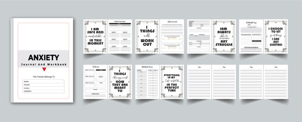 Anxiety Journal And Workbook 16 page layout template design 