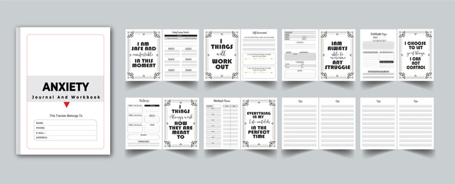 Anxiety Journal And Workbook 16 page layout template design 