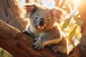 Koala on a tree in its natural habitat. Portrait of a koala