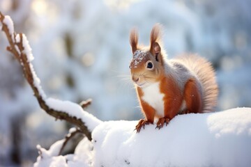 Naklejka na ściany i meble Squirrel sitting on a snowy branch