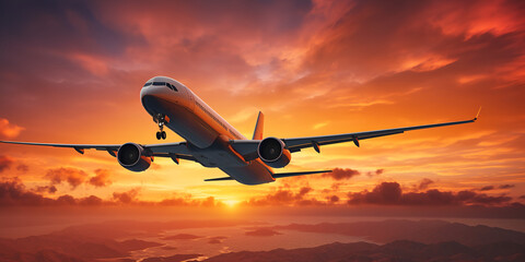 airplane at sunset,A plane is about to take off from an airport runwaygenerative ai,Landing airplane. landscape with passenger airplane is flying in the blue sky with red,Flying airplane in sunset sky