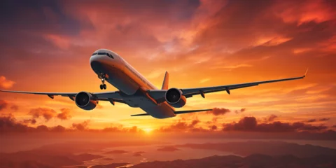 Rolgordijnen airplane at sunset,A plane is about to take off from an airport runwaygenerative ai,Landing airplane. landscape with passenger airplane is flying in the blue sky with red,Flying airplane in sunset sky © Imran