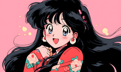 Obraz premium 90s Japanese anime style girl, Generative AI 