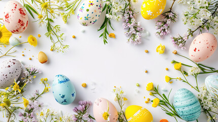easter background with eggs and flowers easter frame on white background Top view, There is free space in the middle, Easter eggs background, Easter illustration, cover banner celebration
