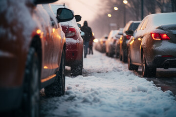 Snow-covered road packed with vehicles leads to gridlock. Frustrated drivers deal with heavy traffic on winter road during peak hour after snowfall