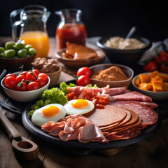 Fototapeta na wymiar Protein-Rich Morning Delight: Vivid Close-up Framing of Backlit Ingredients, Sharp Focus on Nutritionally Balanced Plate, Utensils, and Textured Foods, Revealing the Essence of High-Protein Breakfast 