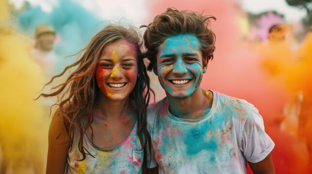 Holi festival. women and men in paint are smiling. cheerful young multiethnic friends with colorful paint on clothes and bodies having fun together at holi festival.