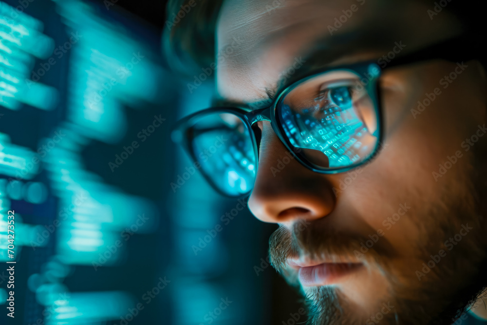 Poster man software developer wearing glasses with reflection looking at computer screen developing code