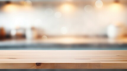Stylish Minimalism: Empty Wooden Table Top with Beautiful Bokeh Background, Ideal for Modern Interior Design, Creating a Serene and Cozy Atmosphere at Home.
