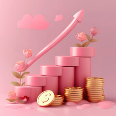 arrow growth money coin for save money vector 3d banking income business cartoon minimal decoretion cute model pink 