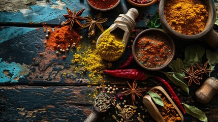 A lot of spices are scattered on the table view from above