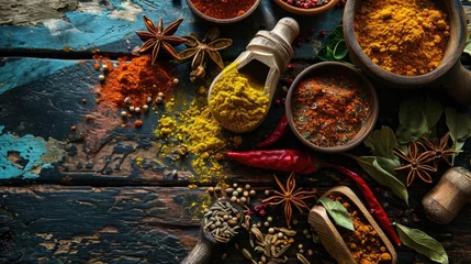 Foto op Canvas A lot of spices are scattered on the table view from above © Julia Jones