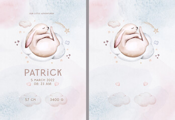 Watercolor hand drawn illustration of a cute baby bunny rabbit sleeping on the moon and the cloud. Baby Shower Theme Invitation birthday Template