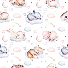 Watercolor pattern for children with sleeping sheep and elephant. print for baby fabric, seamless cat, bunny and fox animals pink with beige and blue clouds, moon, sun. Nursery print - 704273952