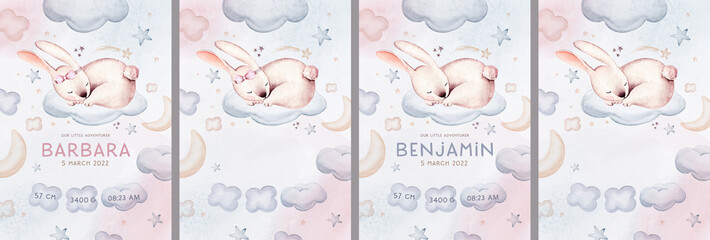 Watercolor hand drawn illustration of a cute baby bunny rabbit sleeping on the moon and the cloud. Baby Shower Theme Invitation birthday Template