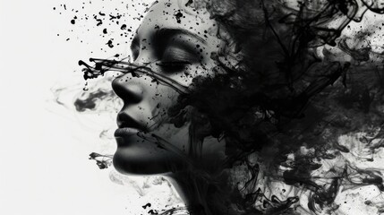Fototapeta premium Ink splashes, black and white silhouette of a woman's face with her eyes closed