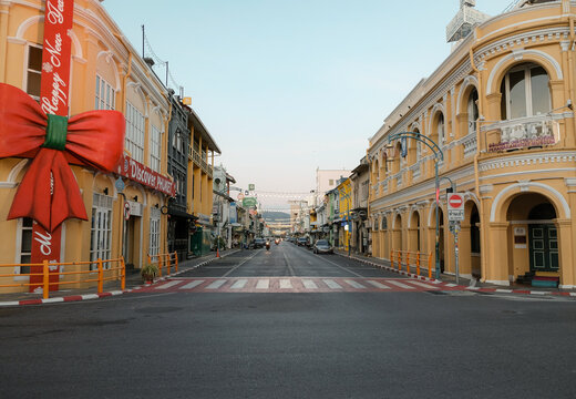 Phuket, Thailand - December 23, 2023: the street of Phuket old town, Phang Nga Road (Sino-Portuguese architecture style)