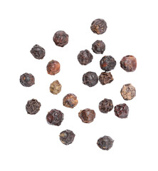 Seeds or pile of black pepper, Indian spice, isolated on white background.
