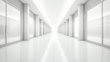 Obraz premium Serene Modern Architecture: Exploring the Minimalistic Beauty of Empty White Corridors and Spacious Halls in Contemporary Buildings