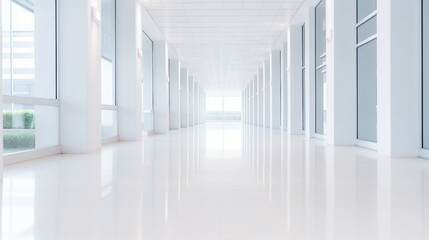 Fototapeta premium Serene Modern Architecture: Exploring the Minimalistic Beauty of Empty White Corridors and Spacious Halls in Contemporary Buildings