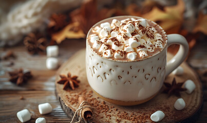 Fototapeta na wymiar Chocolate hot cocoa in coffee white mug with marshmallow, Generative AI 