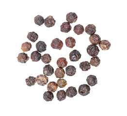 Seeds or pile of black pepper, Indian spice, isolated on white background.