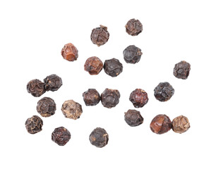 Seeds or pile of black pepper, Indian spice, isolated on white background.