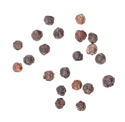 Seeds or pile of black pepper, Indian spice, isolated on white background.