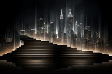 LED lights under a modern Dutch staircase, creating a dynamic cityscape silhouette in black and grey,