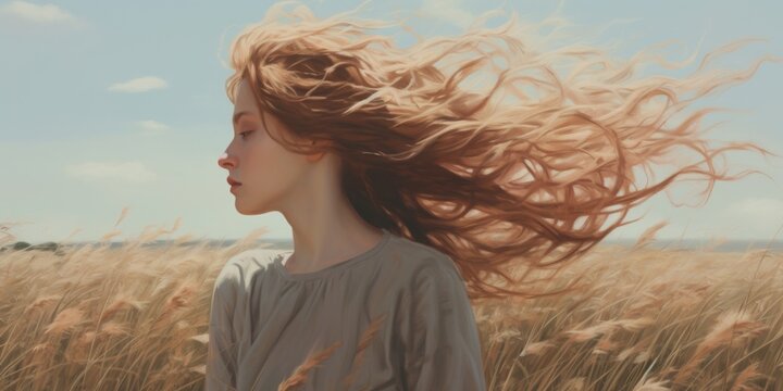 Beneath a vast sky, a girl stands in a windy field, with the grass swaying and her hair gracefully blown by the wind, creating a serene scene in the open expanse of nature.