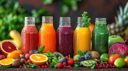 Colorful juices in glass bottles that are placed on the background of fruits and vegetables. 