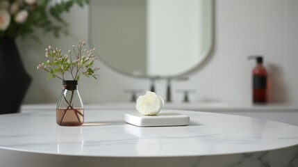 Serene Luxury: Empty Marble Table in Modern White Bathroom, Clean Design, Elegant Interior with Minimalist Style and Shiny Reflection