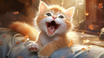 Adorable digital illustration of a playful orange kitten with vibrant eyes, surrounded by falling leaves. Perfect for pet lovers.