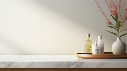 Fototapeta na wymiar Serene Luxury: Empty Marble Table in Modern White Bathroom, Clean Design, Elegant Interior with Minimalist Style and Shiny Reflection
