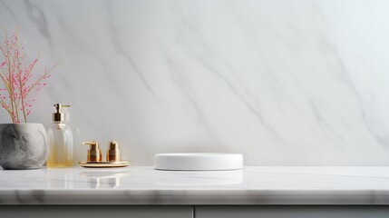 Obraz na płótnie Canvas Serene Luxury: Empty Marble Table in Modern White Bathroom, Clean Design, Elegant Interior with Minimalist Style and Shiny Reflection