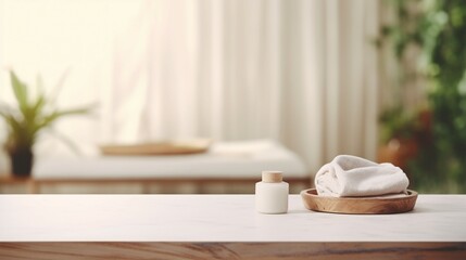 Serene Luxury: Empty Marble Table in Modern White Bathroom, Clean Design, Elegant Interior with Minimalist Style and Shiny Reflection