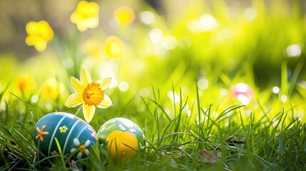 Easter eggs hiding in the grass with daffodil 