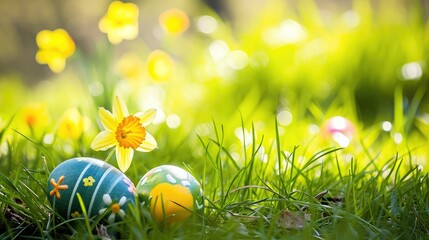 Fototapeta premium Easter eggs hiding in the grass with daffodil 