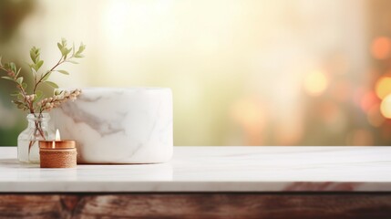 Serene Luxury: Empty Marble Table in Modern White Bathroom, Clean Design, Elegant Interior with Minimalist Style and Shiny Reflection